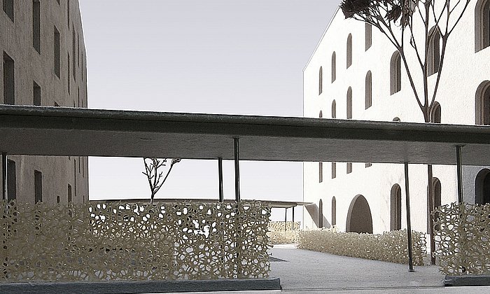 Model of the courtyard between the houses from solid wood and lightweight concrete.