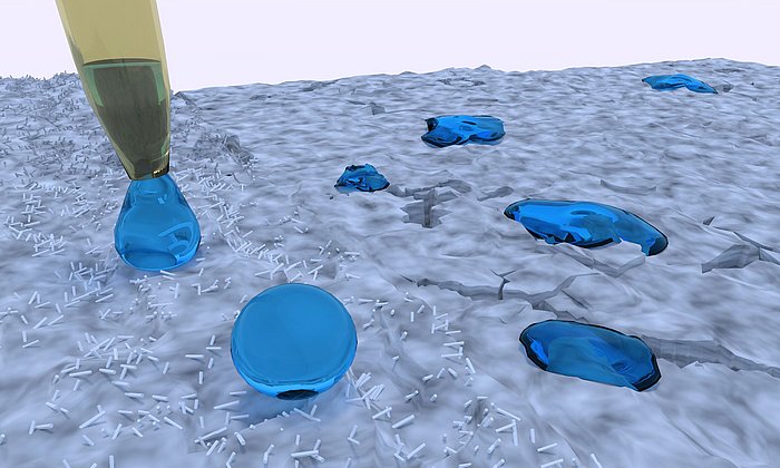 Eine Computergrafik verdeutlicht die Oberflächeneigenschaft des neuen Mörtels: Wasser sickert nicht ein, sondern bildet nahezu kugelförmige Tropfen. (Grafik: Stefan Grumbein / TUM)