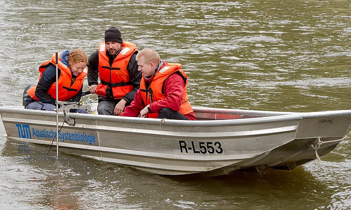 Dr. Melanie Müller, Dr. Joachim Pander und Prof. Jürgen Geist in einem Forschungsboot auf einem Fluss.   