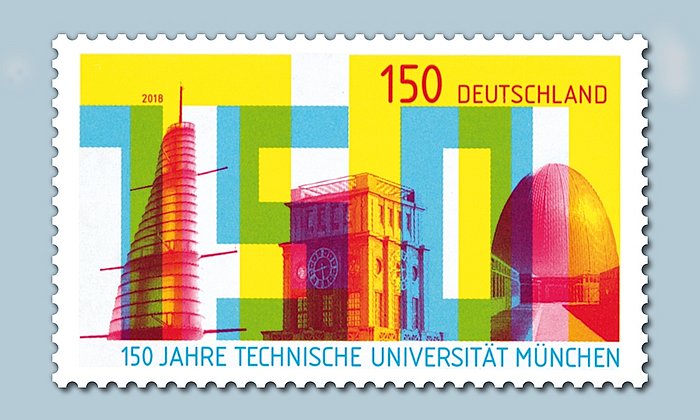 The postage stamp depicts the Oskar von Miller Tower, the Thiersch Tower, and the Atomic Egg.