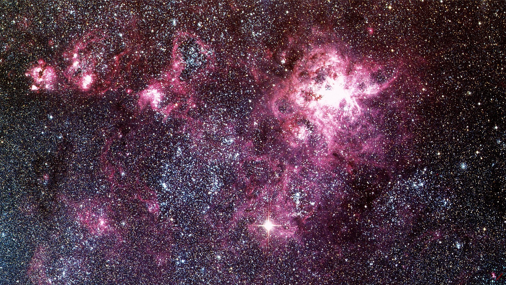 Tarantula Nebula in the Large Magellanic Cloud, obtained with the ESO Schmidt Telescope.