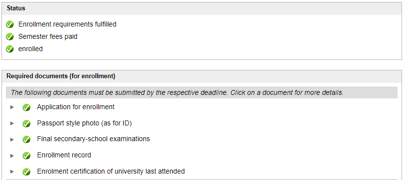 Screenshot TUMonline: Status enrollment