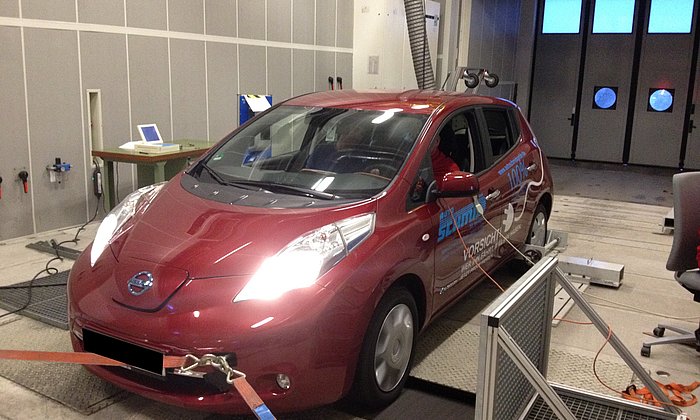 Ein Elektroauto auf dem Rollenprüfstand der Technischen Universität München.