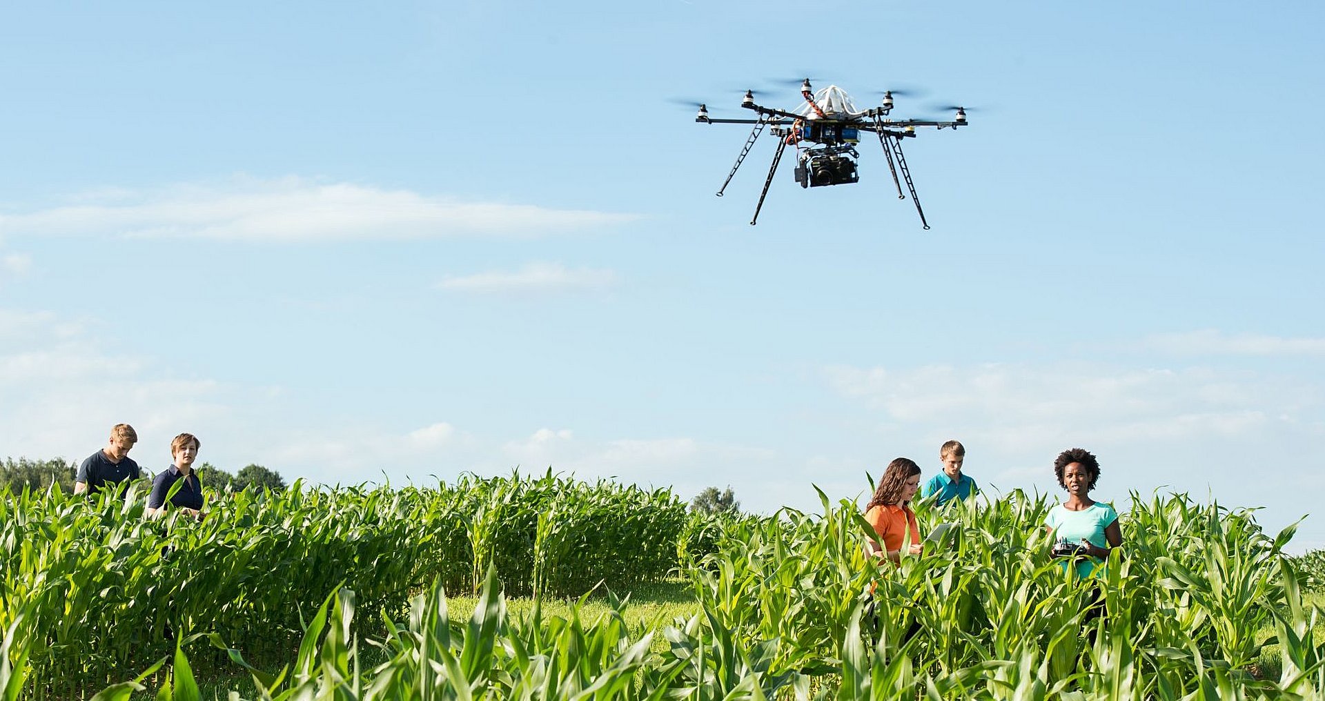 Agrarstudierende der Technischen Universität München stehen in Maisfeld und steuern Drohne mit Fernbedienung.
