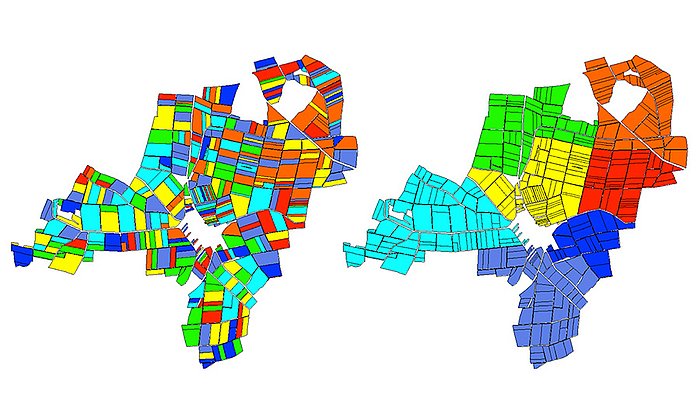 Höhere Wirtschaftlichkeit durch Flurbereingung: Flächenverteilung vorher (links) und nachher (rechts) - Grafik: Prof. Dr. P. Gritzmann / TUM