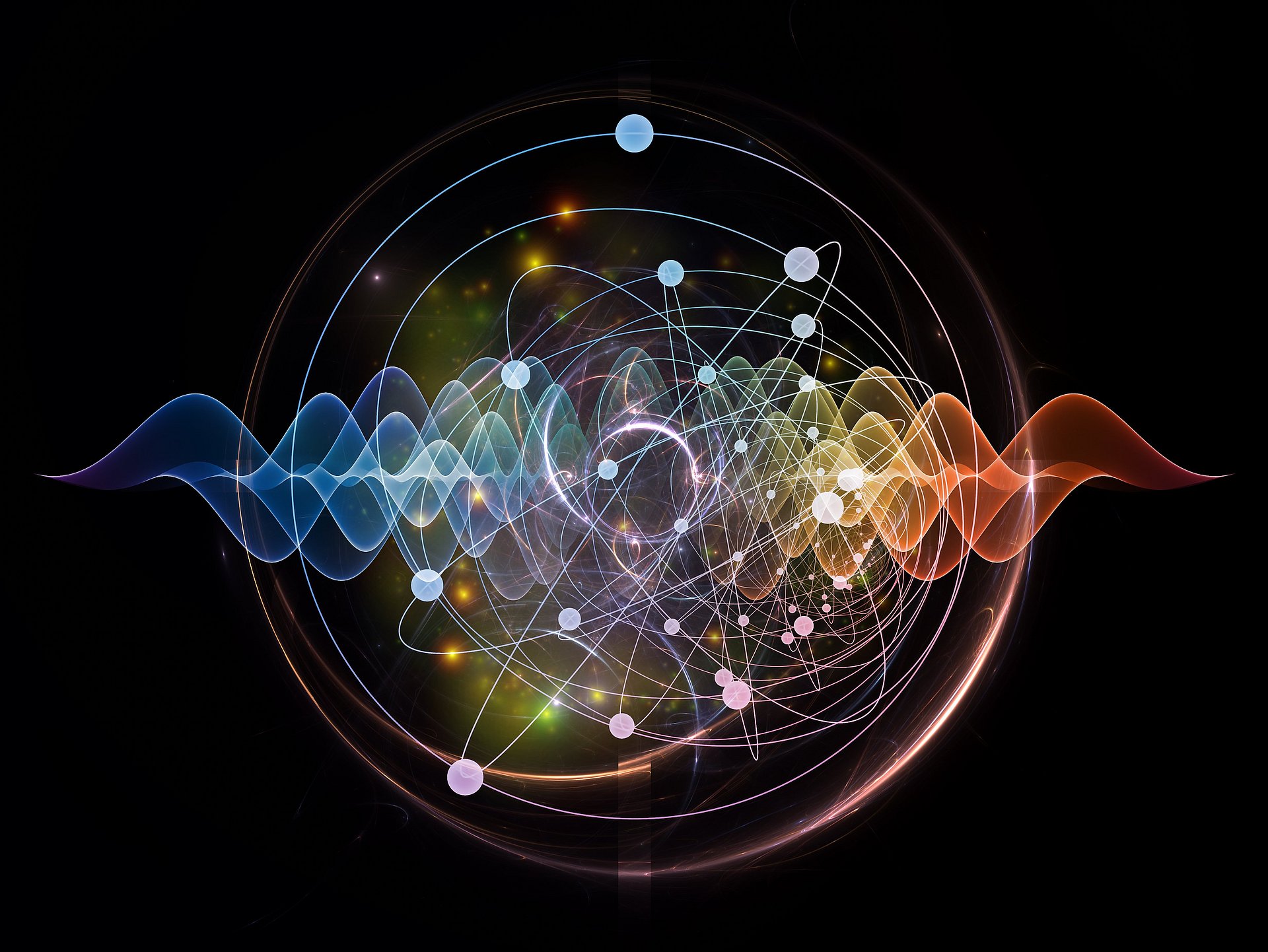 Farbige, abstrakte Darstellung von Atomen und Quantenwellen mit Hilfe von fraktalen Elementen.