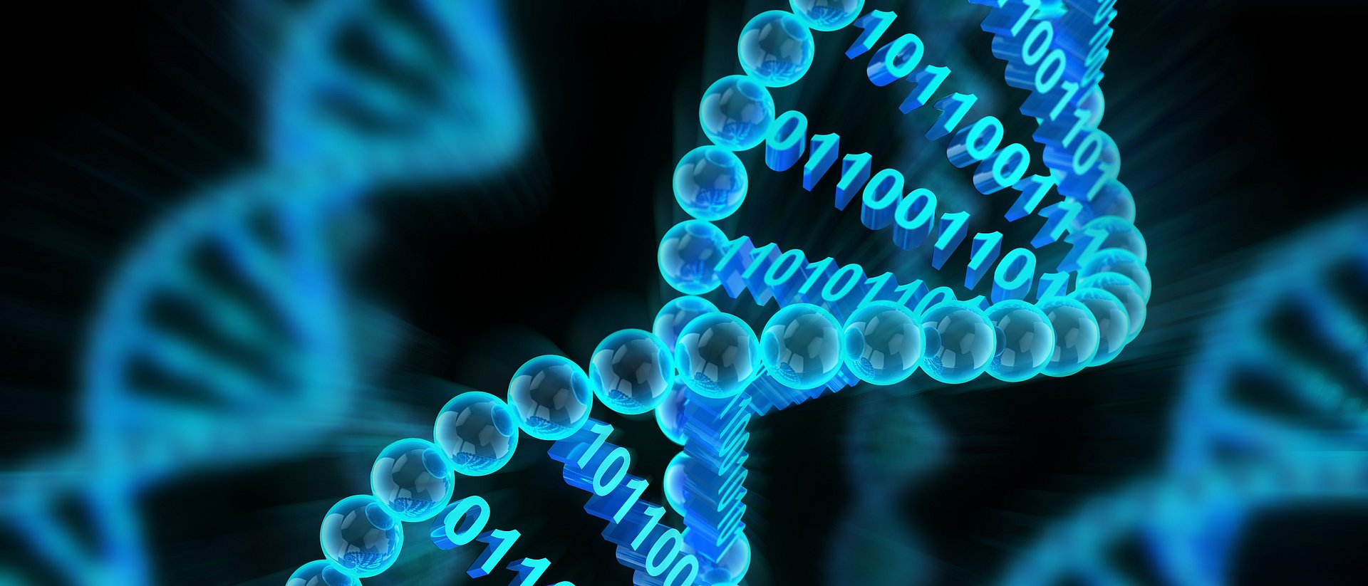 Eine DNA in blauer Farbe windet sich. In ihrem Strang befinden sich die Zahlen Null und Eins.