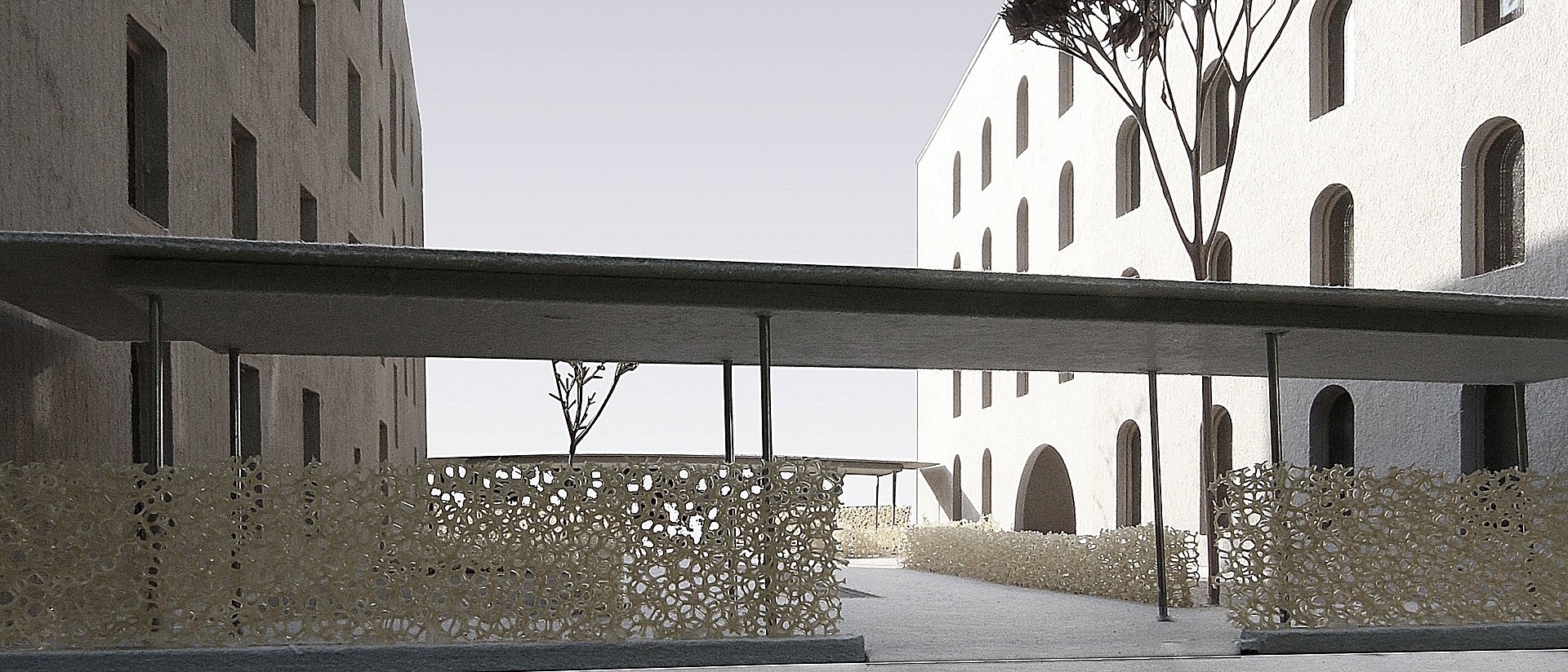 Model of the courtyard between the houses from solid wood and lightweight concrete.