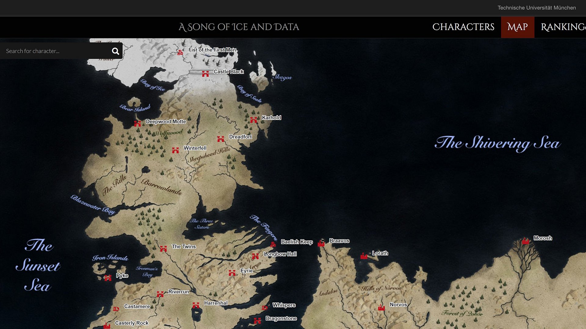 Screenshot of the interactive map of the world of Game of Thrones