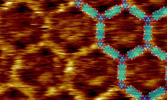 Rastertunnelmikroskopisches Bild des Netzwerks aus mit Melamin verknüpften Terrylendiimidmolekülen; rechts eingeblendet: Modell der atomaren Struktur – Bild: C. A. Palma / TUM