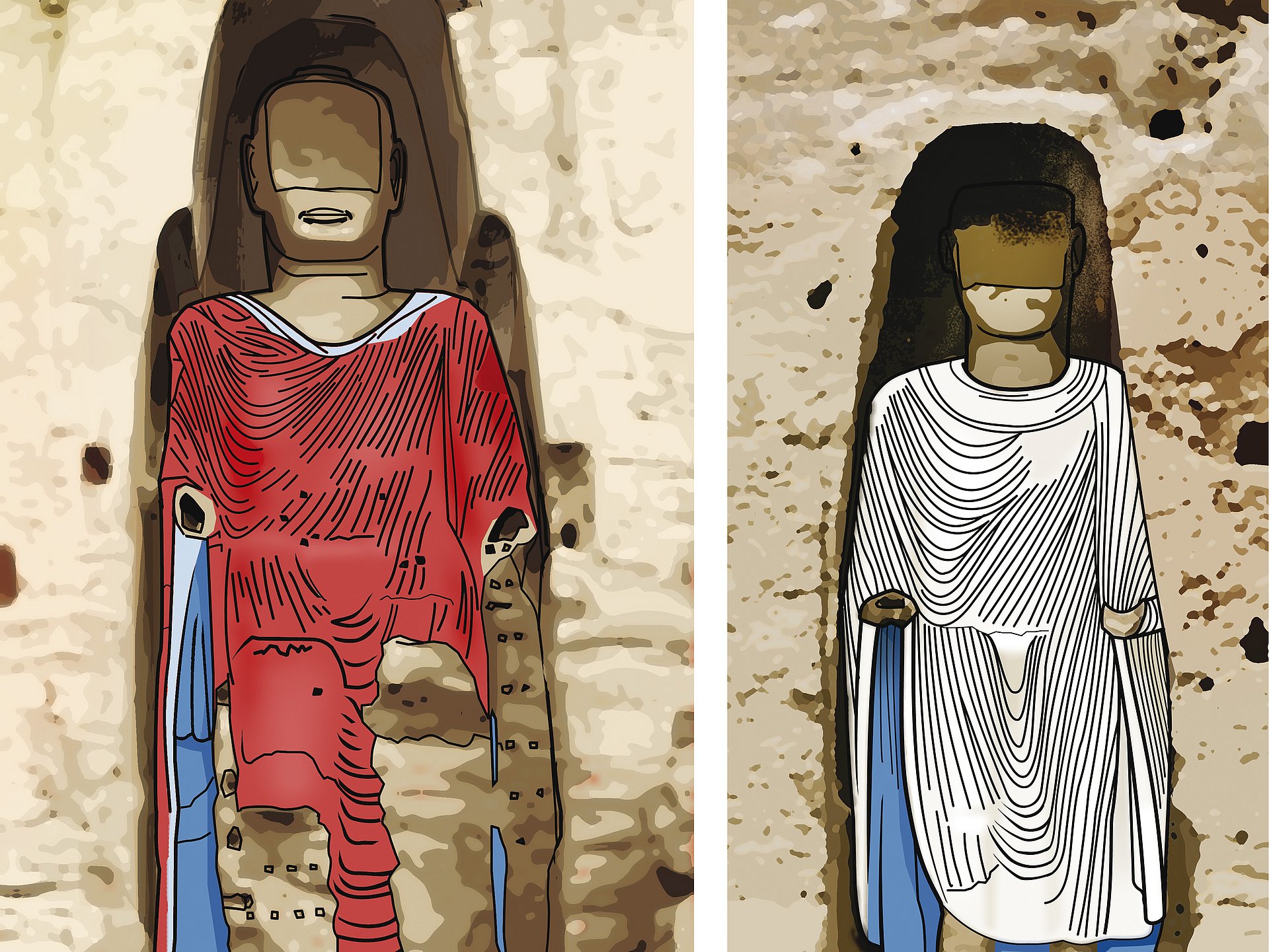 Bamiyan-Buddhas Ende des 10. Jahrhunderts. Spätere Schäden sind kenntlich gemacht. (Bild: A. Metzinger) Bamiyan-Buddhas Ende des 10. Jahrhunderts. Spätere Schäden sind kenntlich gemacht. (Bild: A. Metzinger)