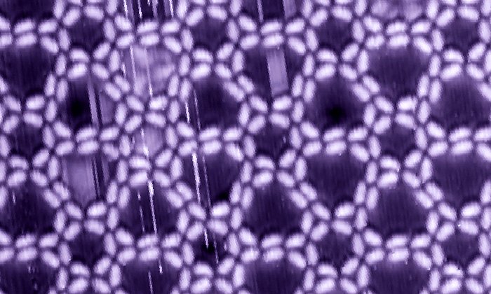 Nanostruktur auf einer Silberoberfläche, gebildet durch Wasserstoffbrücken zwischen den Hydroxamsäure-Gruppen an den Enden des stabförmigen Grundbausteins.