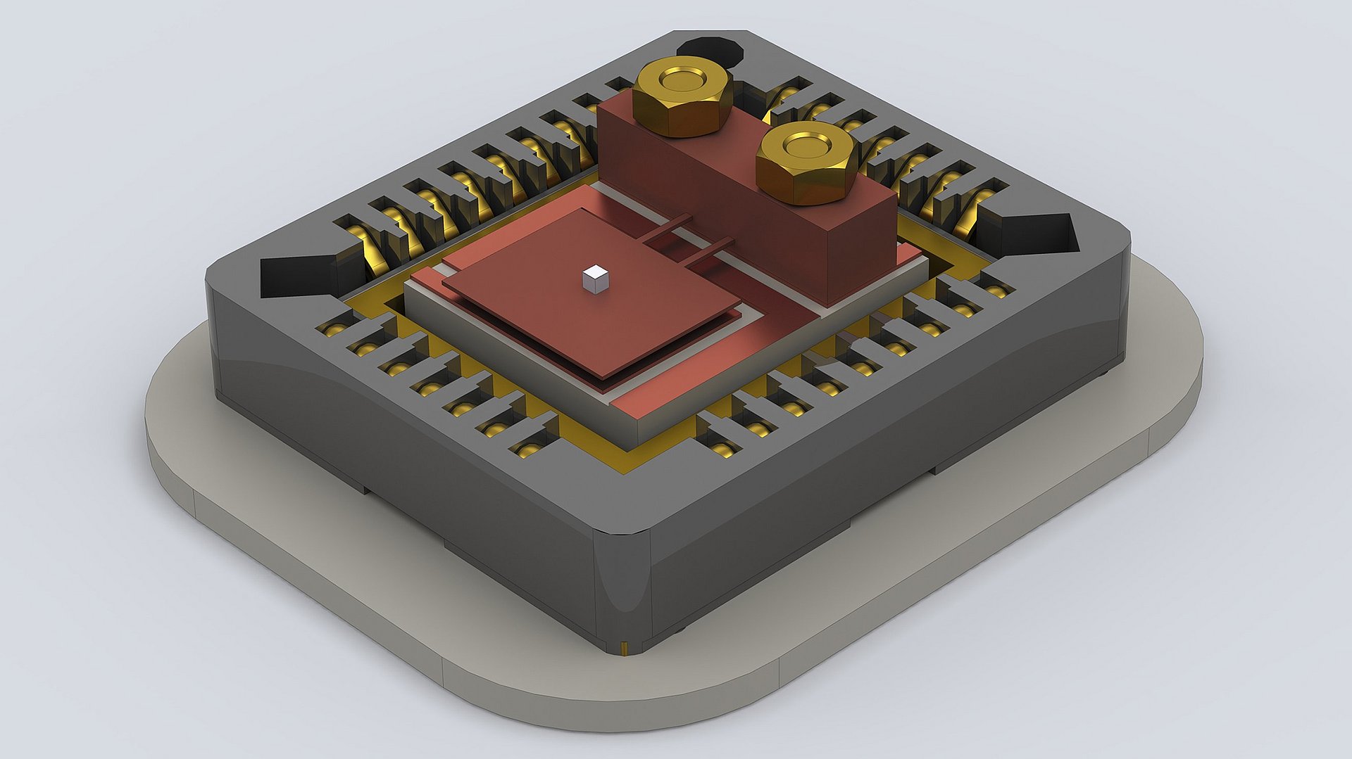 Mangansilizium-Probe auf Cantilever-Drehmomentsensor Änderungen in der elektronischen Bandstruktur von Mangansilizium verursachen Änderungen der magnetischen Eigenschaften der Probe (heller Würfel). Diese können mithilfe eines hochempfindlichen Cantilever-Drehmomentsensors (braun) gemessen werden.