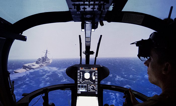 Landing approach to a ship in the helicopter simulator.