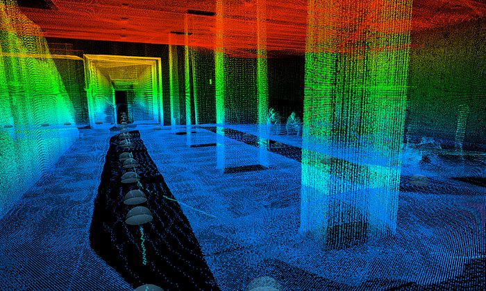 Für die Kartierung nutzt NAVVIS vertikale und horizontale Laseraufnahmen. Die Umgebung wird als dreidimensionale Punktwolke dargestellt. Bild: G.Schroth/TUM