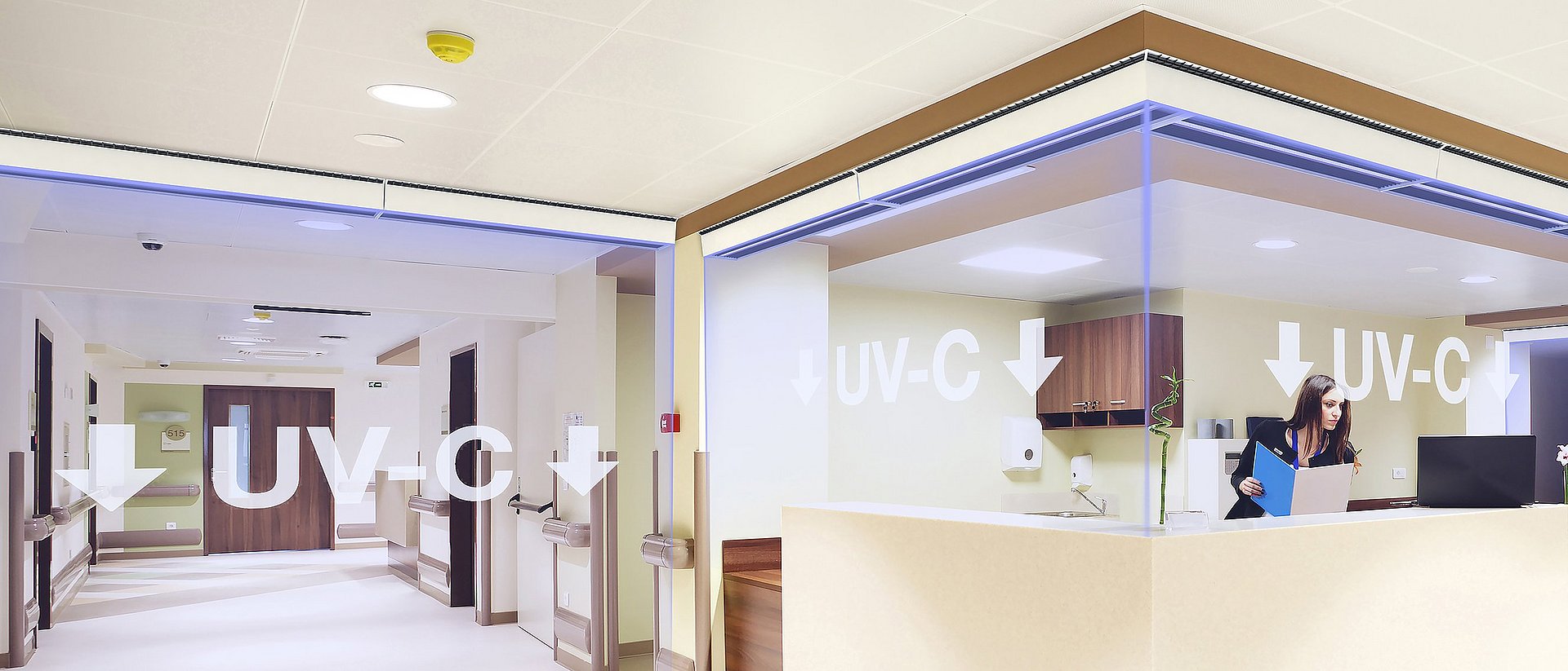UV-C light extricates aerosols from pathogens such as the SARS-CoV-2 virus. This creates an invisible virus protection wall that protects the people behind it without restricting people's freedom of movement. An automatic shut-off device protects people passing through from UV radiation.
