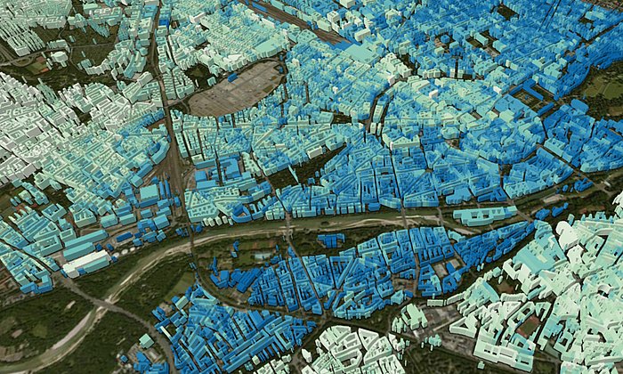 This image shows a section of a global 3D model of urban areas and was generated primarily using TanDEM-X Satellite data. To create this model for all cities in the world, sophisticated AI procedures are used.