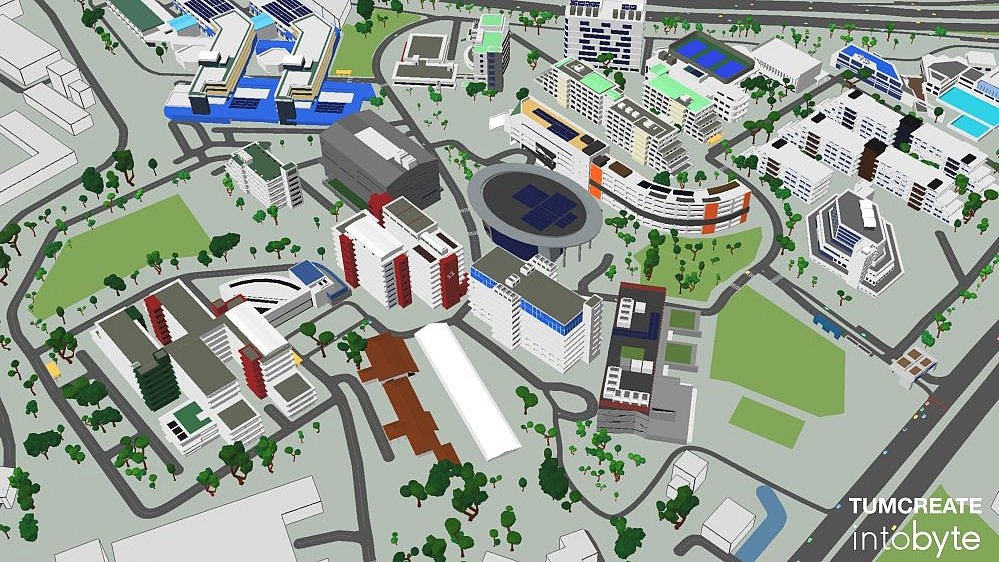 Image of a digital twin of the Ngee Ann Polytechnic campus with different buildings, where autonomous shuttle buses transport students to and from nearby subway stations.