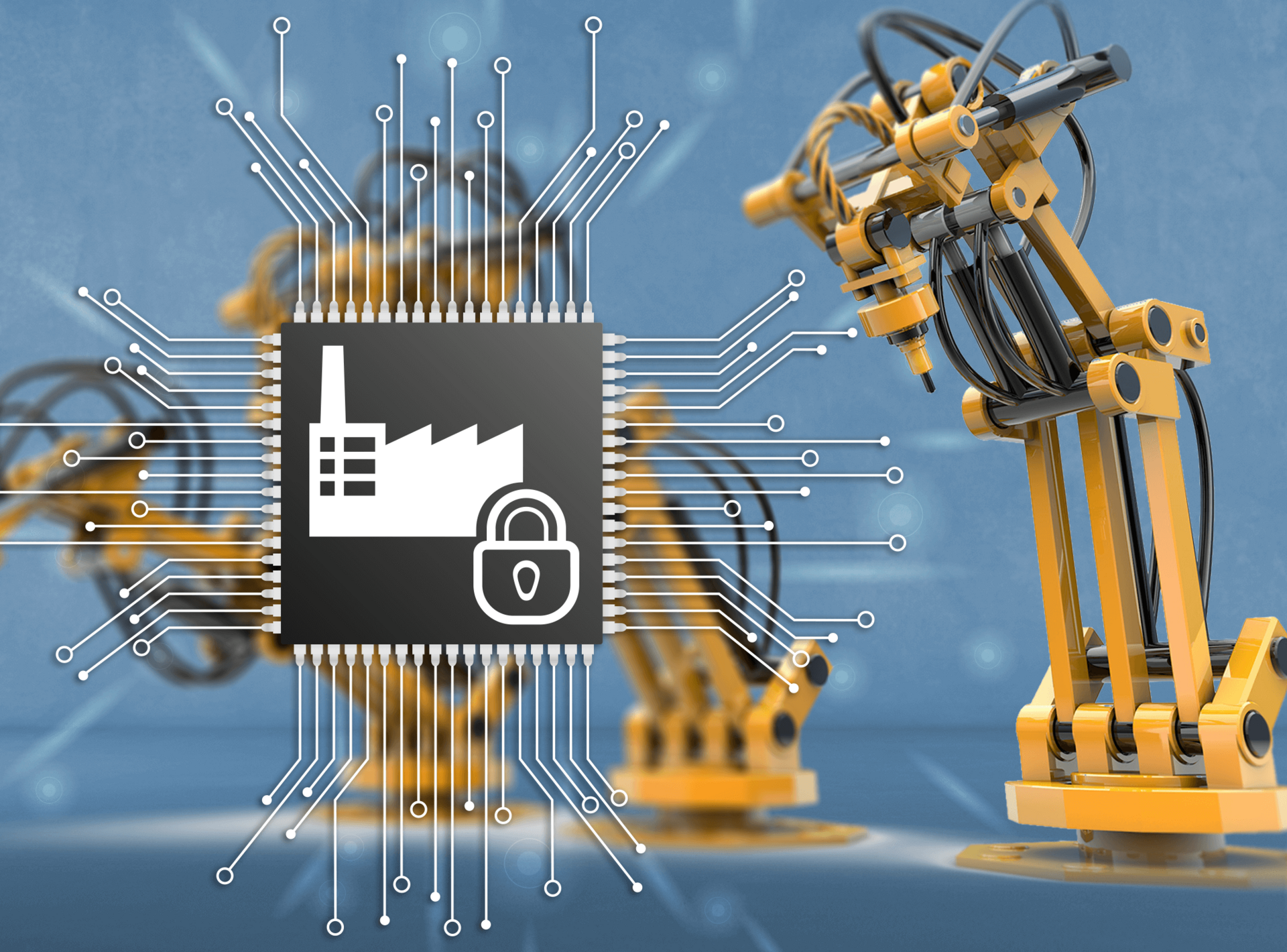 An industrial robot superimposed with a stylized computer chip.