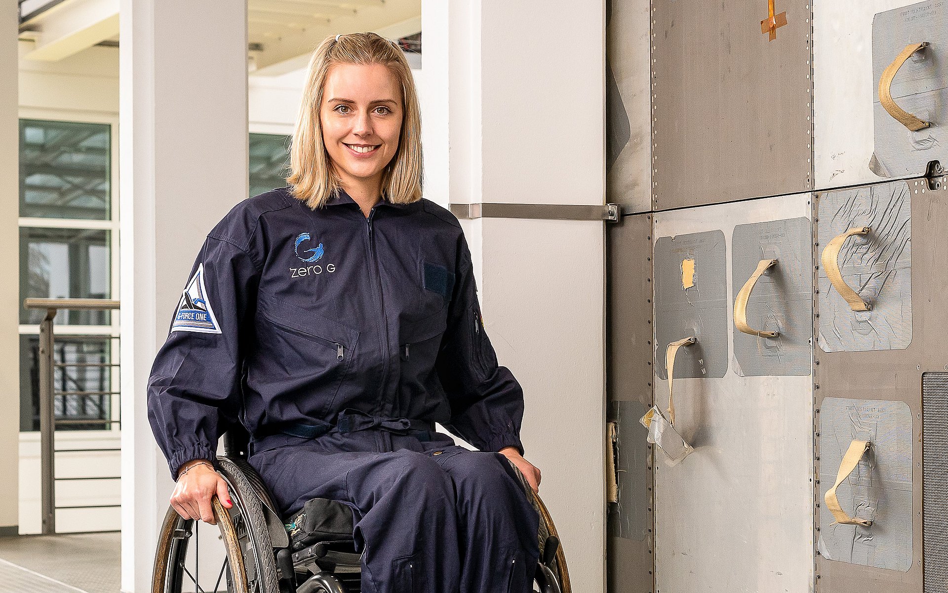 Student Michaela Benthaus in a wheelchair.