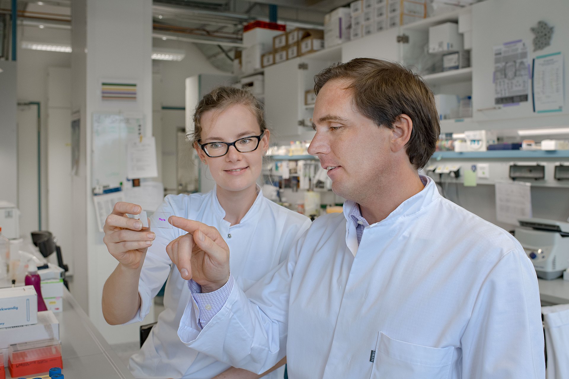 Ulrike Höckendorf und Dr. Philipp Jost diskutieren histologische Schnitte von Knochenmarkproben. (Foto: Heddergott / TUM)