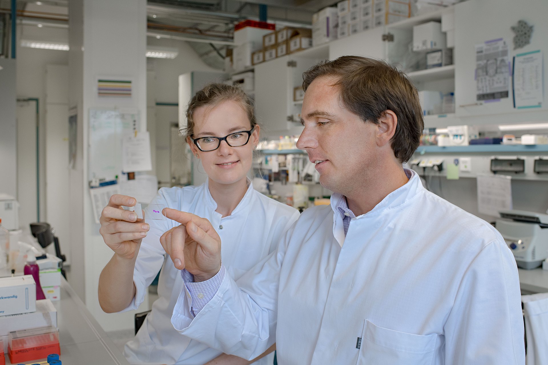 Ulrike Höckendorf und Dr. Philipp Jost diskutieren histologische Schnitte von Knochenmarkproben. (Foto: Heddergott / TUM) Ulrike Höckendorf und Dr. Philipp Jost diskutieren histologische Schnitte von Knochenmarkproben. (Foto: Heddergott / TUM)