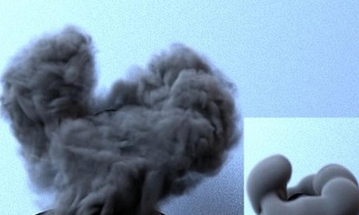 Der Rohentwurf (kleinesBild) und die fertige Simulation einer Rauchwolke.