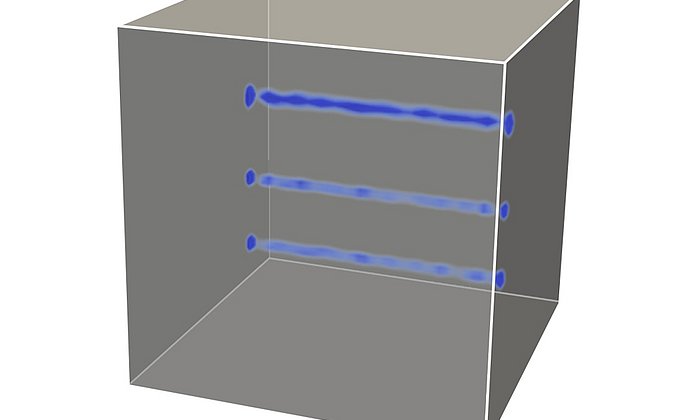 Simulationsergebnis: Identifizierung von drei Stäben in einem Betonwürfel.