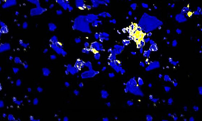 Verteilung der organischen Substanz im Boden: Kohlenstoff reichert sich bevorzugt an bestimmten rauen Mineraloberflächen an, so genannten Hot Spots (gelbe Färbung).