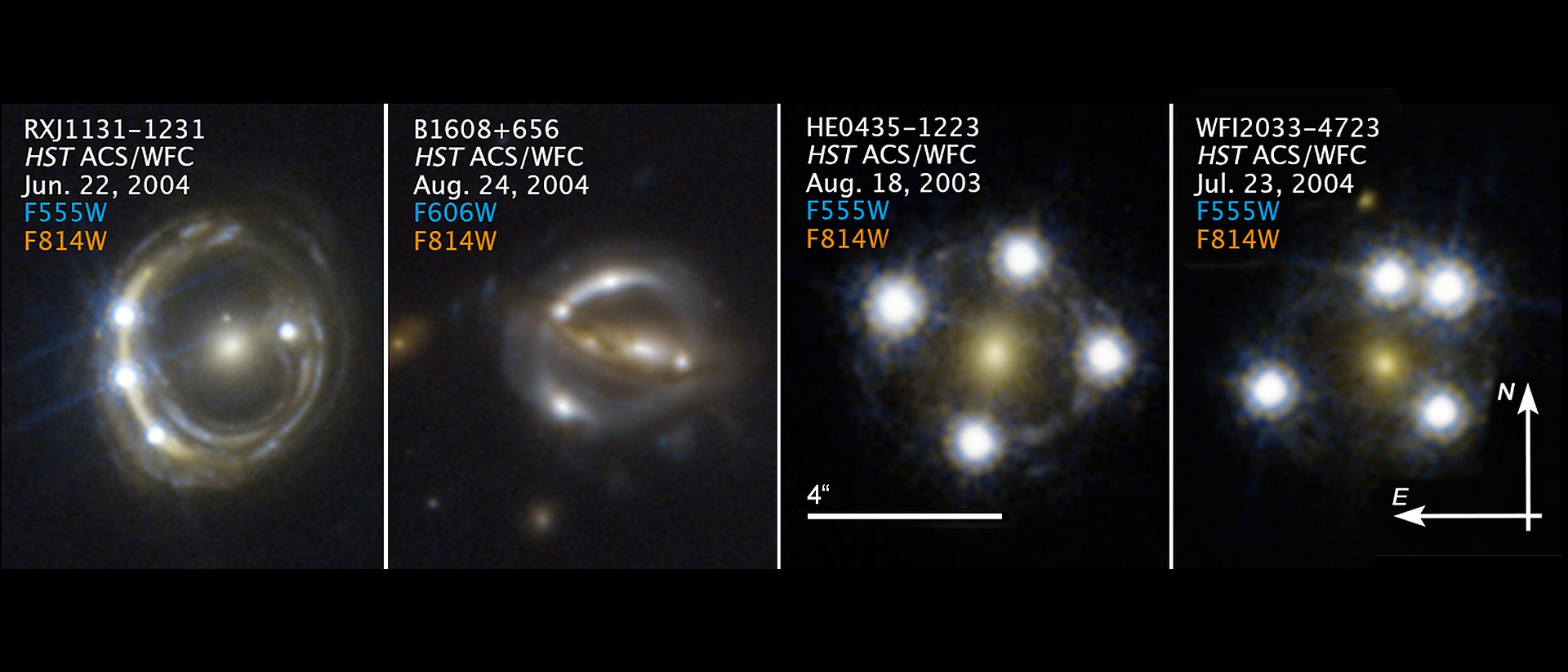 Zur Messung der Hubble-Konstante wurden Aufnahmen des Hubble-Weltraumteleskops verwendet, die weit entfernte Quasare zeigen, deren Licht von Vordergrundgalaxien umgelenkt wird. (Bild: S. H. Suyu / TUM / MPA, K. C. Wong / Univ. Tokio; NASA; ESA)