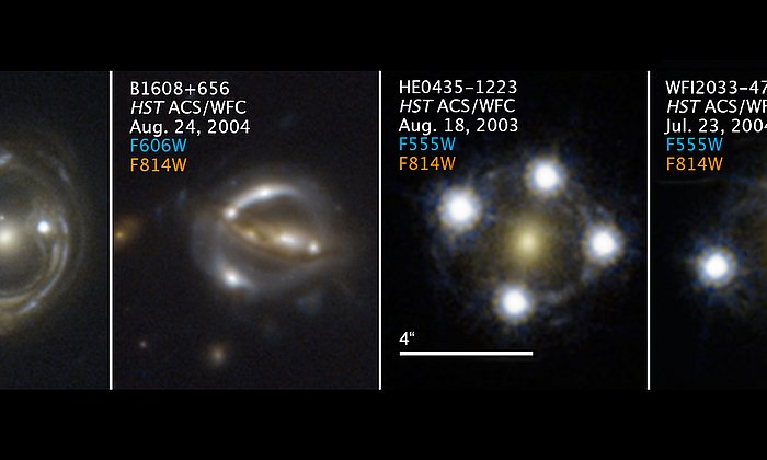 Zur Messung der Hubble-Konstante wurden Aufnahmen des Hubble-Weltraumteleskops verwendet, die weit entfernte Quasare zeigen, deren Licht von Vordergrundgalaxien umgelenkt wird. (Bild: S. H. Suyu / TUM / MPA, K. C. Wong / Univ. Tokio; NASA; ESA)