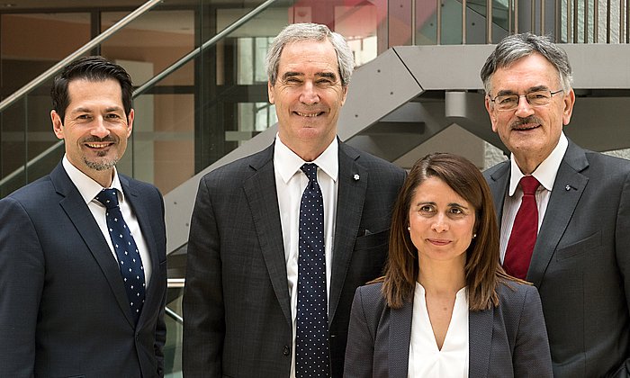 TUM Vice President Prof. Thomas Hofmann, CEU President Prof. Michael Ignatieff, Dean Prof. Eugénia da Conceição-Heldt, and TUM President Prof. Wolfgang A. Herrmann