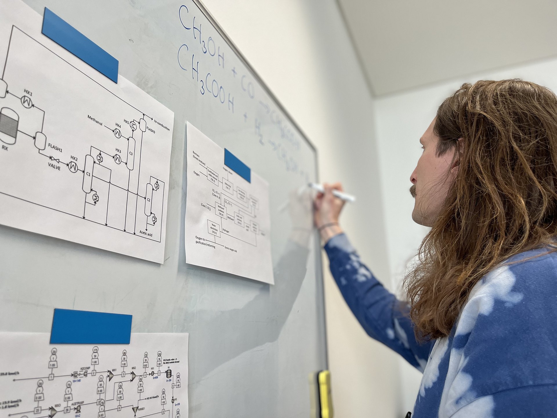 A scientist at a whiteboard writing formulas