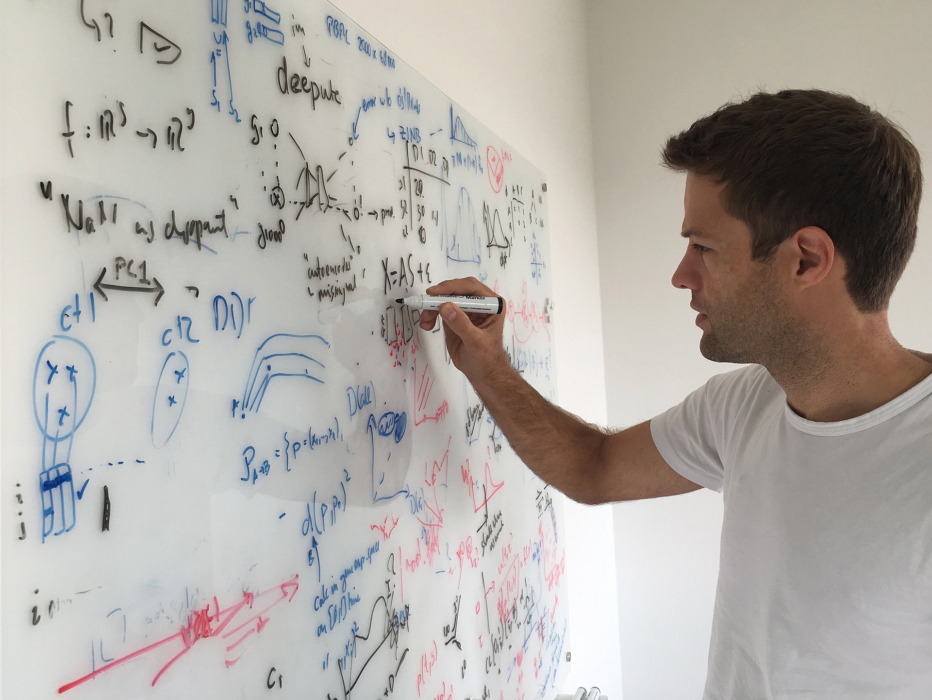 The picture shows Prof. Fabian Theis writing formulas on a blackboard.