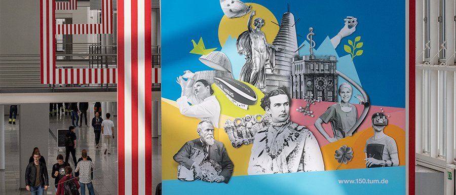 Jubiläumsfeiern 150 Jahre TUM Jubiläums-Poster in der Fakultät für Maschinenwesen