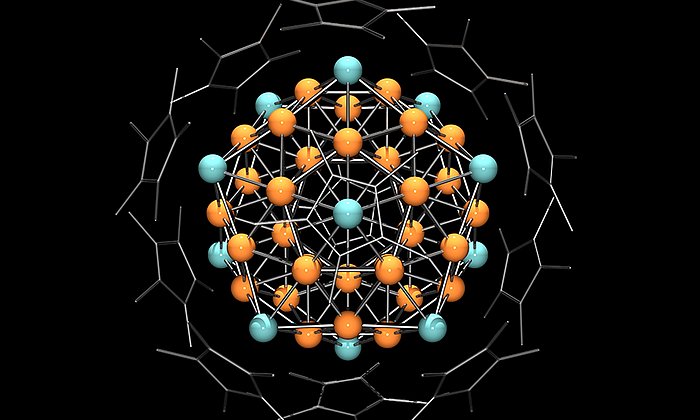 43 copper and 12 aluminum atoms form a cluster that has the properties of an atom. This heterometallic superatom is the largest ever produced in a laboratory. (Image: C. Gemel / TUM)