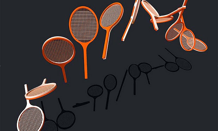 Momentaufnahmen der simulierten Rotation eines Tennisschlägers während der Flugphase. Während sich der Schläger um 360 Grad um die Querachse dreht, führt der Tennisschläger-Effekt zu einer unbeabsichtigten zusätzlichen 180 Grad-Rotation um seine Längsachse, so dass nach der Gesamtdrehung die rote Unterseite nach oben zeigt. (Bild: Steffen Glaser / TUM)