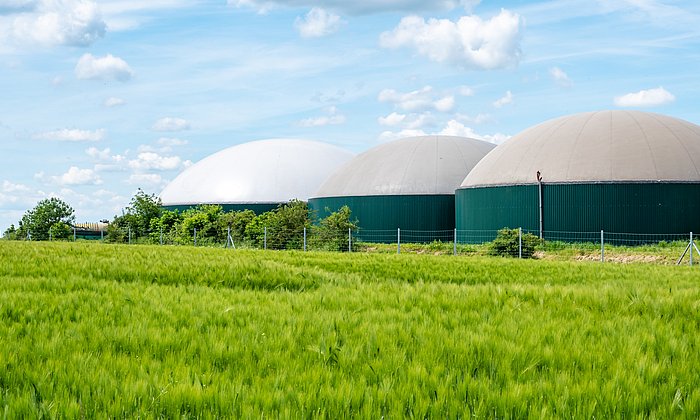 Biogasanlage auf einem Feld.