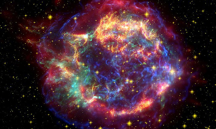 Cassiopeia A: Überreste einer Supernova im Sternbild Cassiopeia in rund 11.000 Lichtjahren Entfernung. Die Sternexplosion hat vor etwa 330 Jahren stattgefunden. Composite Image: NASA/JPL-Caltech/Steward/Krause et al.