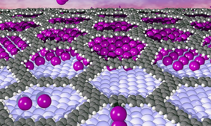 The illustration shows how iodine (purple) is embedded between the organic layer and the metal, thus reducing adhesion. Credit: IFM, University of Linköping