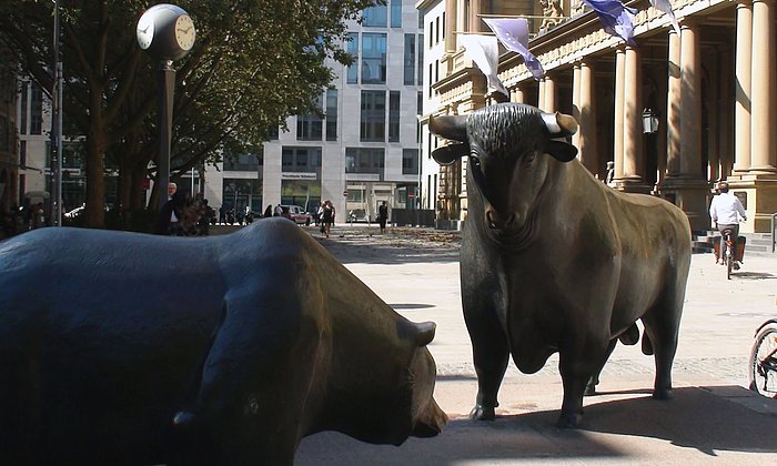 Bull and bear in front of the Frankfurt Stock Exchange