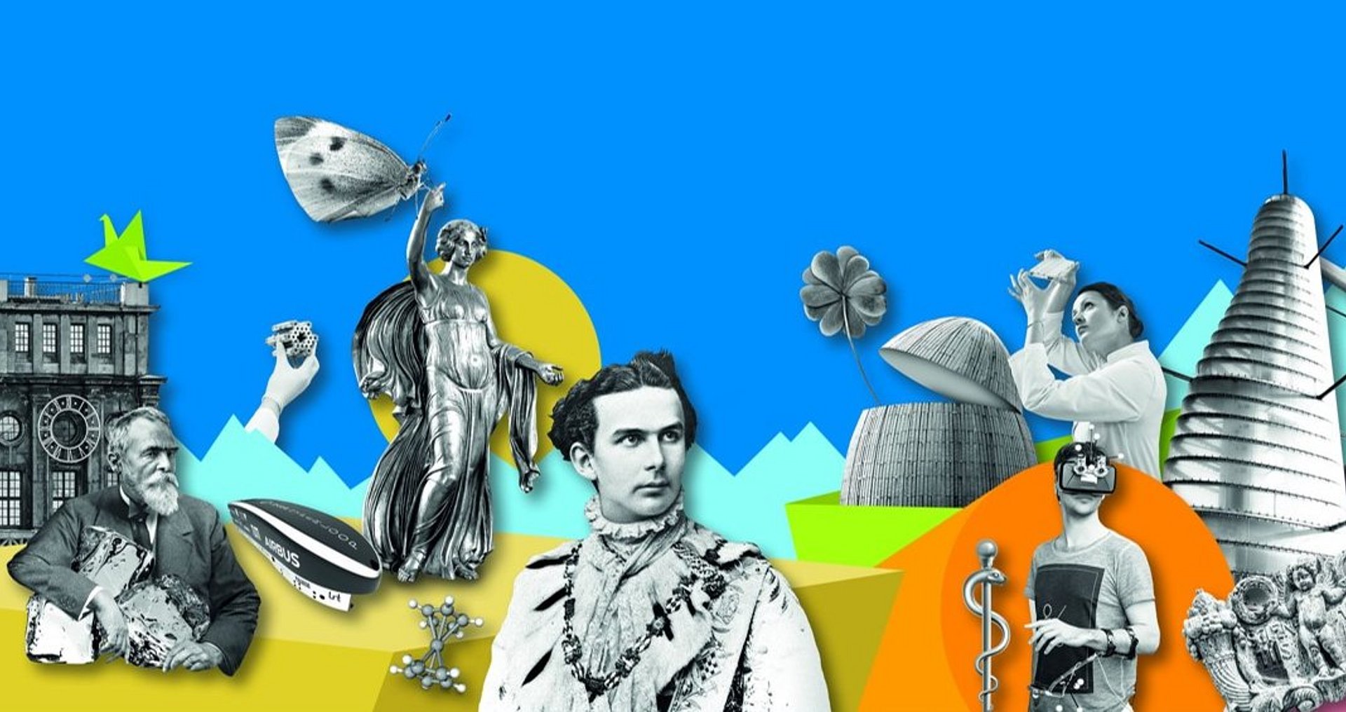 Jubiläumsbadge ohne 150 Abbildung von unterschiedlichen Eindrücken der TUM aus Geschichte, Forschung, Standorte.