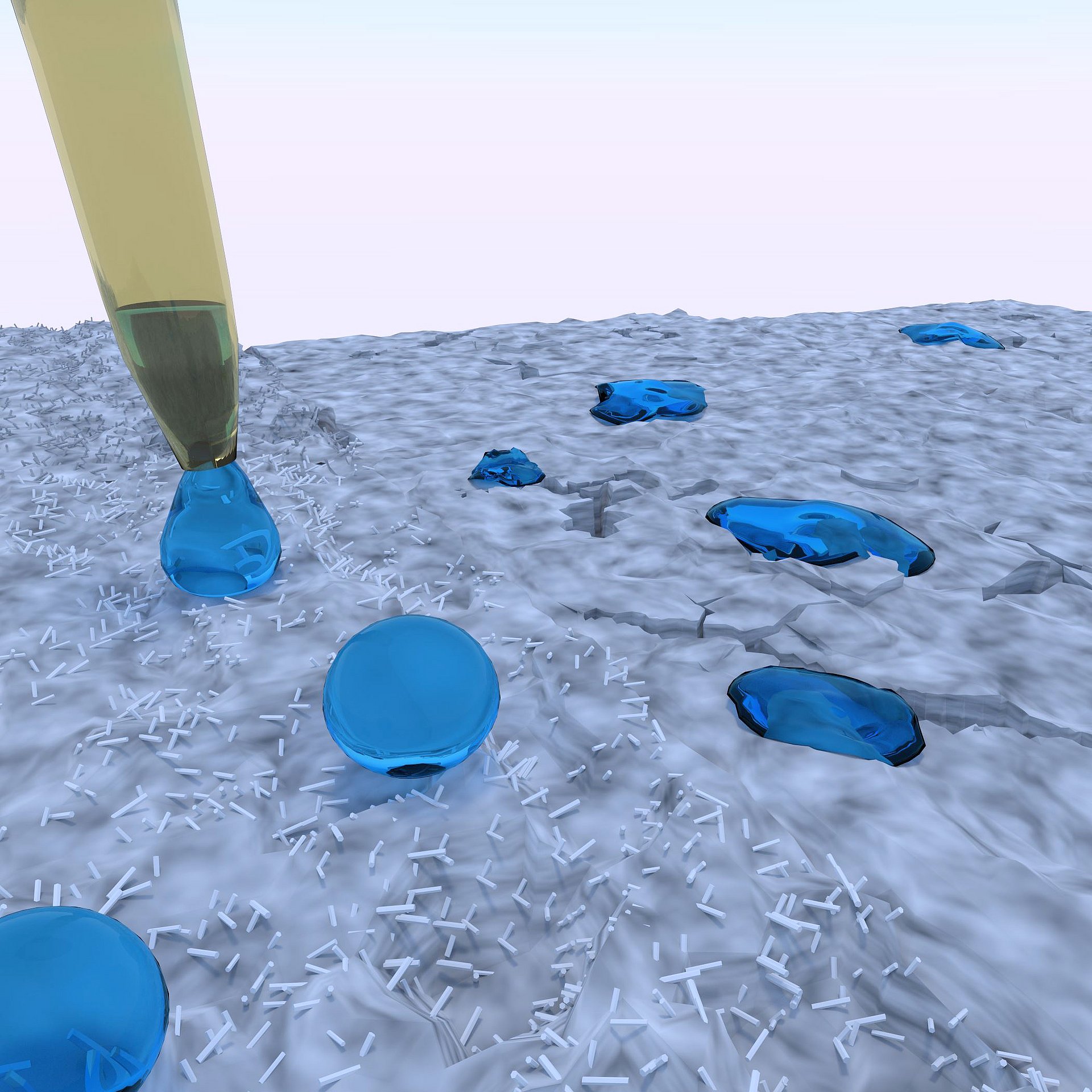 A computer-rendered image shows the properties of the new material: water droplets easily roll off. (image: Stefan Grumbein / TUM)