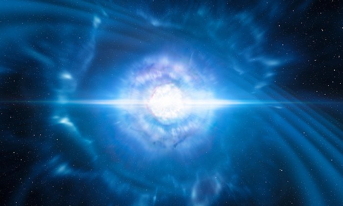 Künstlerische Umsetzung der Kollision zweier Neutronensterne.