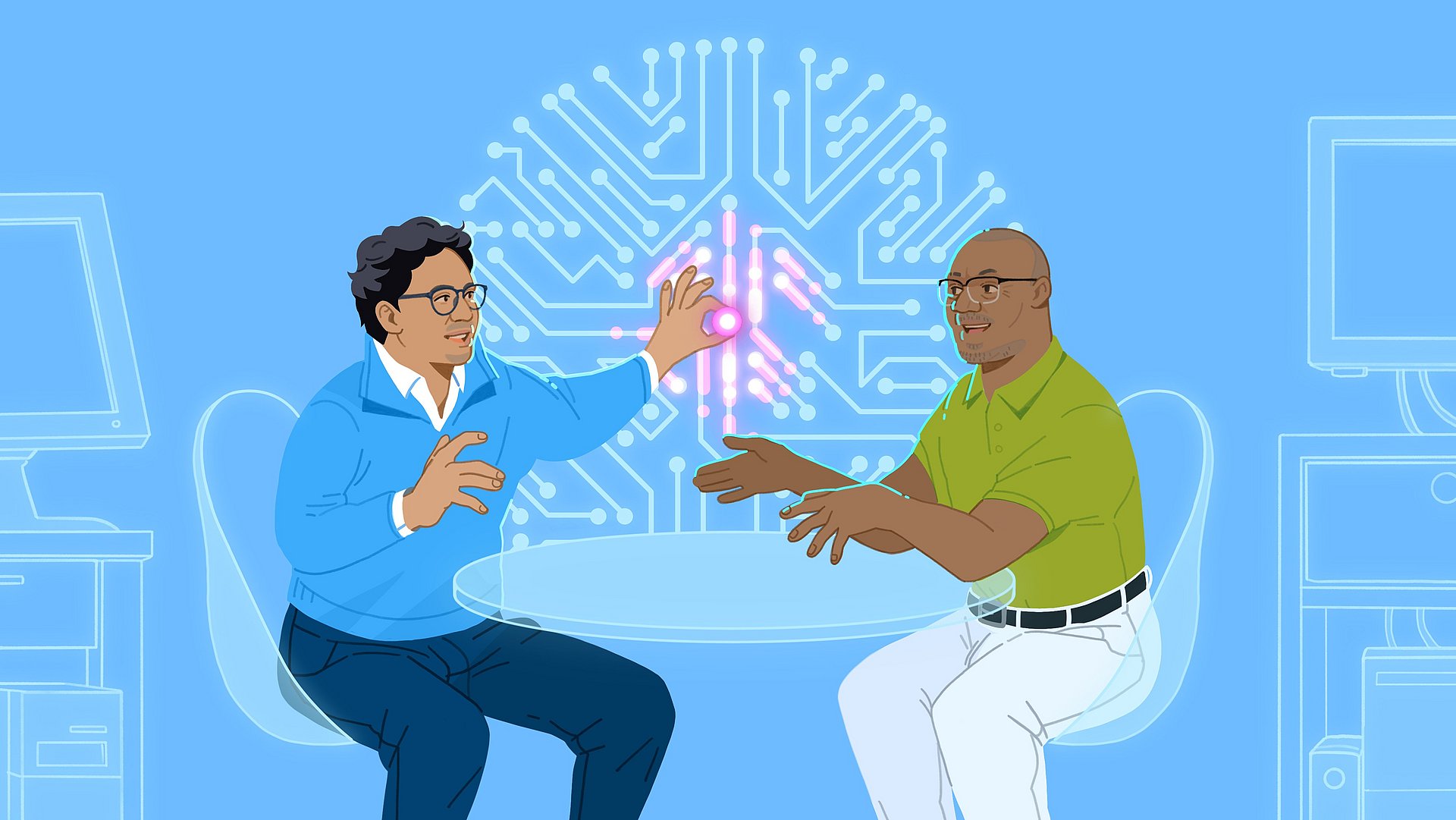Globale Diskursreihe „One Topic One Loop“ mit Aldo Faisal und John Jerry Kponyo Aldo Faisal, Professor am Imperial College London, spricht über KI und Neurowissenschaften. Auf seine abschließende Frage zum Thema antwortet John Jerry Kponyo, Professor für Telecommunications Engineering an der Kwame Nkrumah' University of Science and Technology