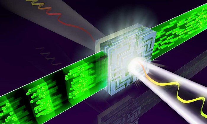 Darstellung des Grundbausteins zukünftiger Lichtwellen-Elektronik: ein Nanometer großer dielektrischer Schaltkreis, der durch sichtbares Licht gesteuert wird. – Grafik: Dr. Christian Hackenberger, LMU München