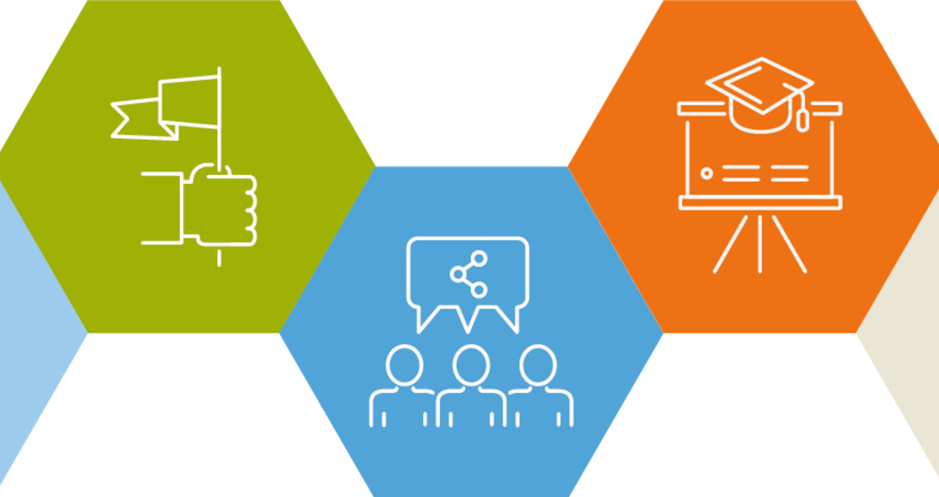 Grafik TUM Tenure Track Academy Waben mit Symbolen zu Führungsqualität, Lehre und Netzwerken