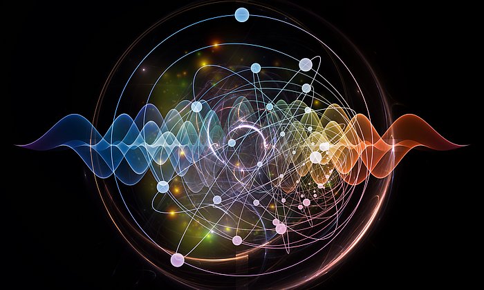 Farbige, abstrakte Darstellung von Atomen und Quantenwellen mit Hilfe von fraktalen Elementen.