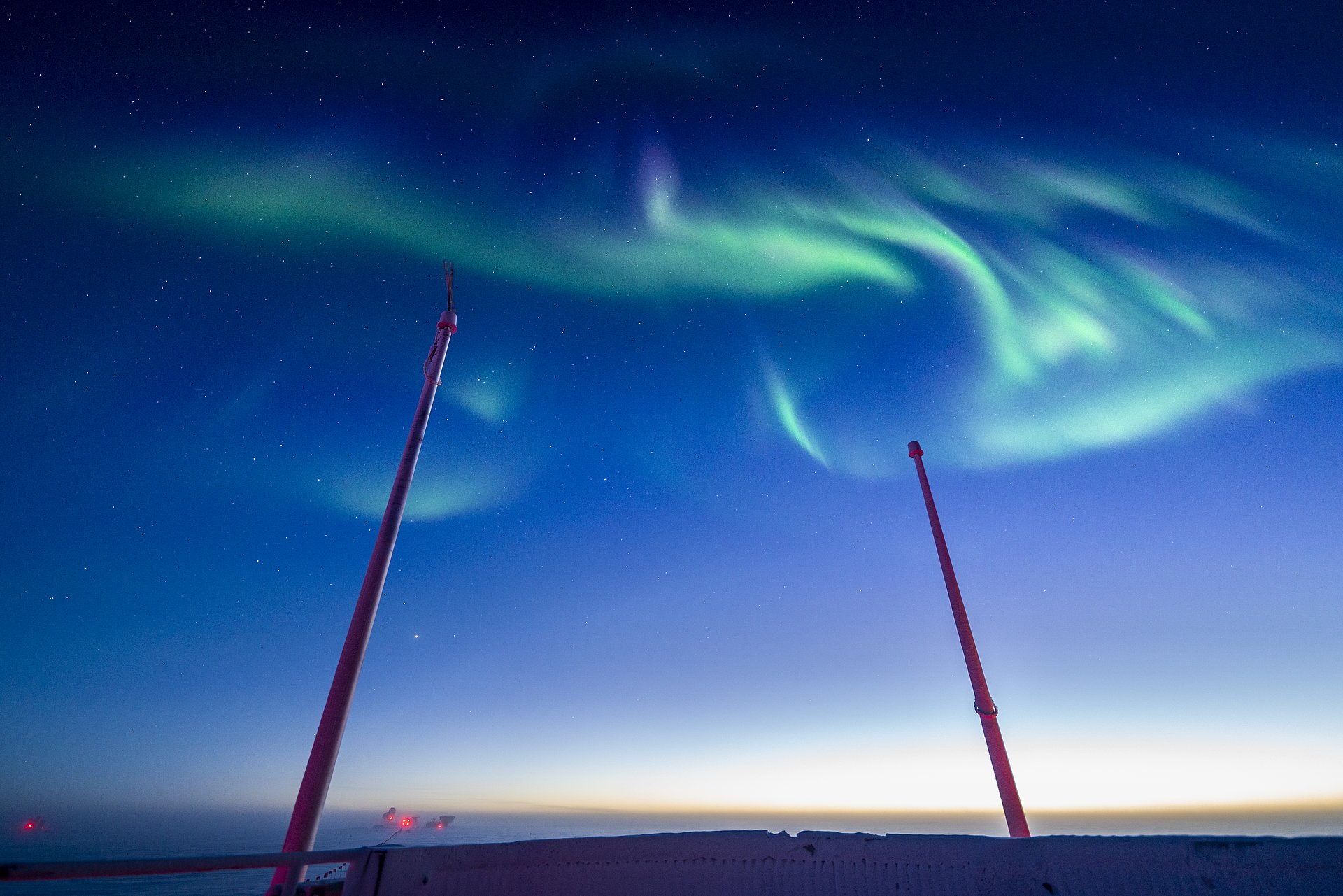 Along with the stars, from time to time the Antarctic night sky is lit up by auroras.