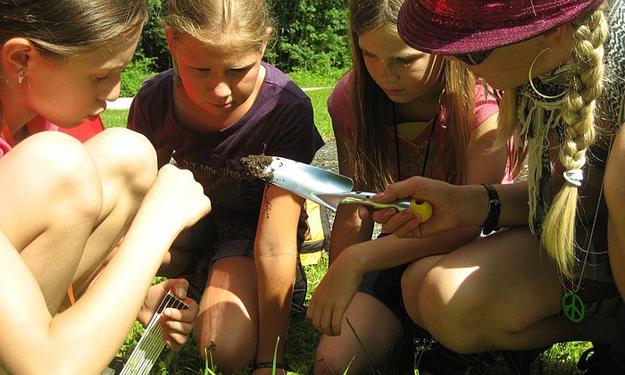 Schülerinnen bestimmen Pflanzen im Berchtesgadener Nationalpark.